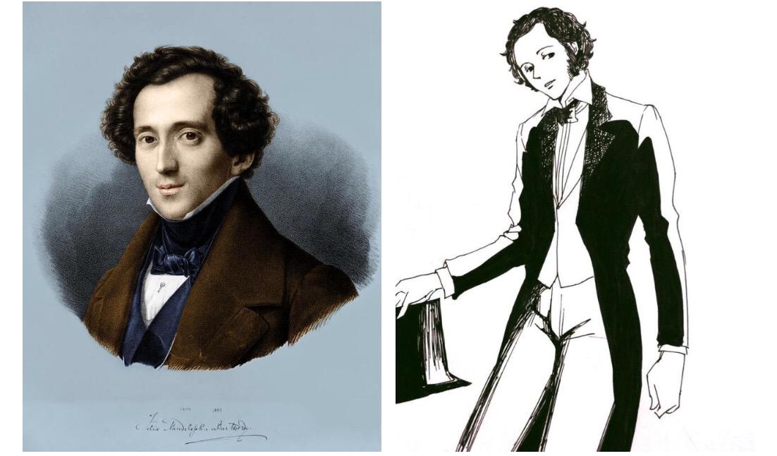 菲利克斯·门德尔松-巴托尔迪(1809-1847)历史画像(左)以及爱桑人设