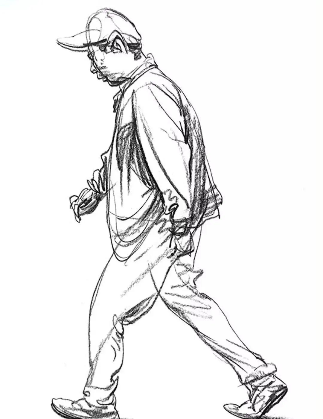 这张速写很明显是一张快写,整体的线条都以侧锋为主,头发和裤子画了