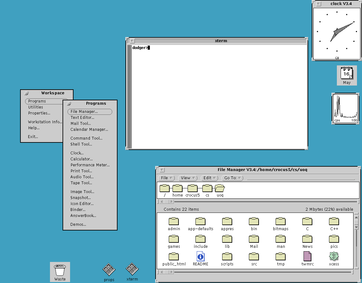 Typical early X display on a Sun workstation. (This is actually a screenshot of a faithful emulation running under Linux.)