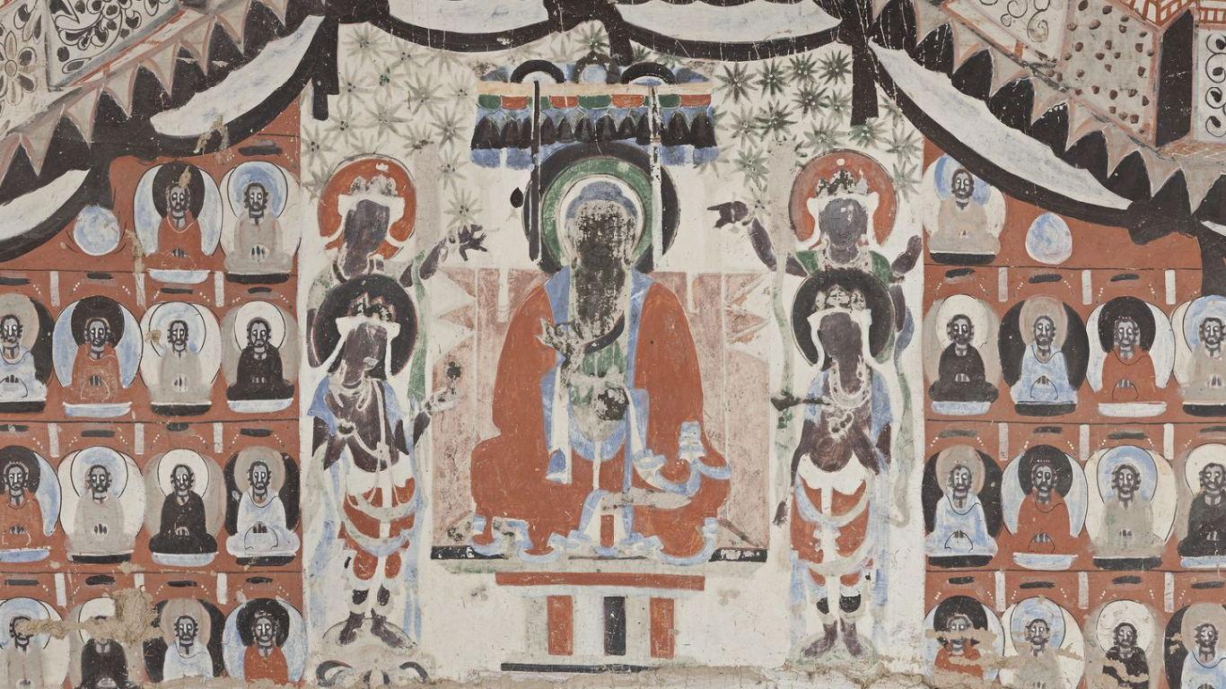 神游千年大美敦煌隋302窟倒塔状中心柱佛本生故事画与福田经变高清