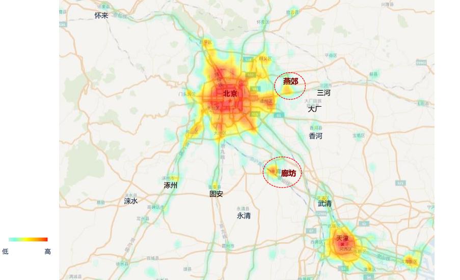 三月份晚间人群热力分布近期高德地图交通大数据团队发布了环京市县的