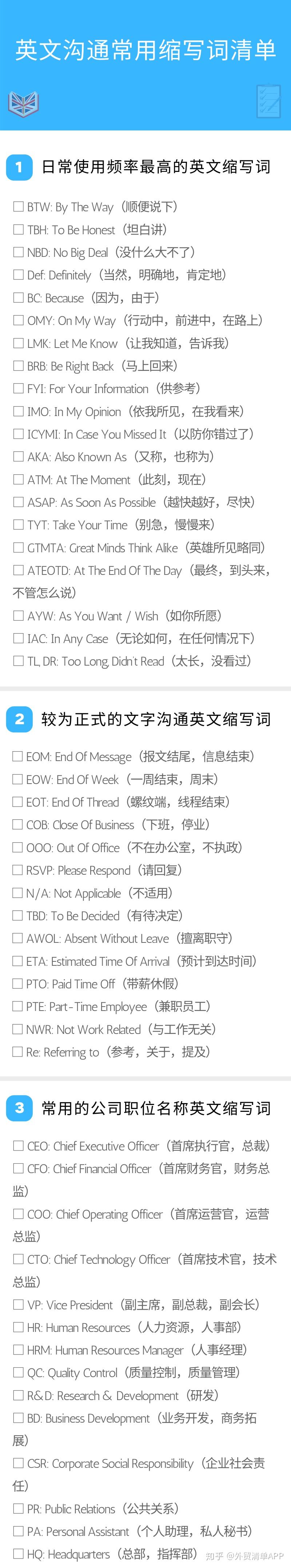 英文沟通常用缩写词清单- 知乎
