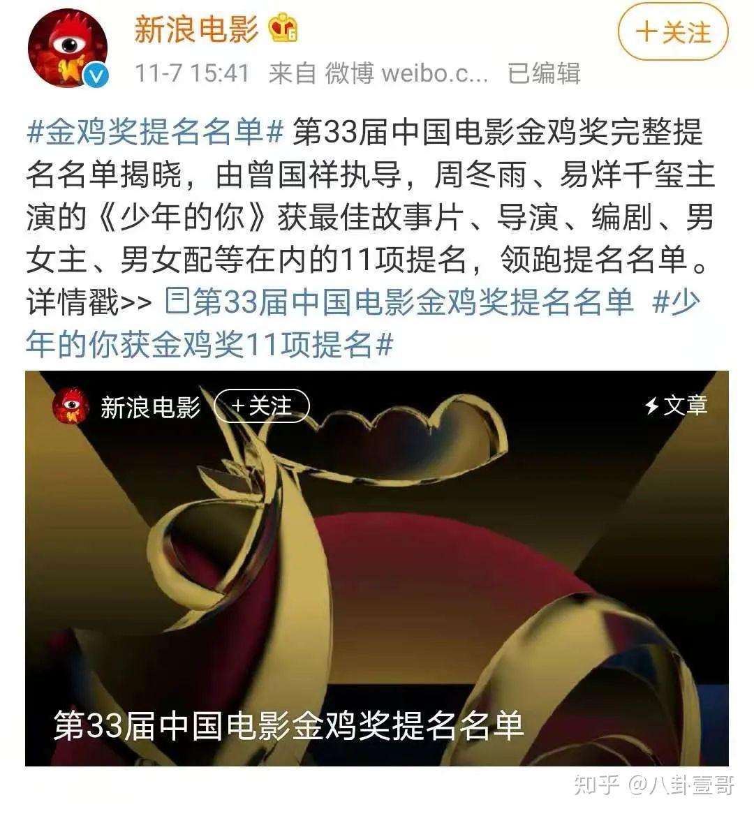 金鸡奖提名公布易烊千玺黄晓明争影帝谭卓周冬雨再争影后