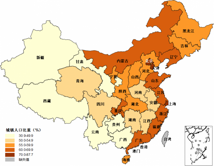 中国城镇化水平分布图 基于2018年《中国统计年鉴》绘制2010年,浙江