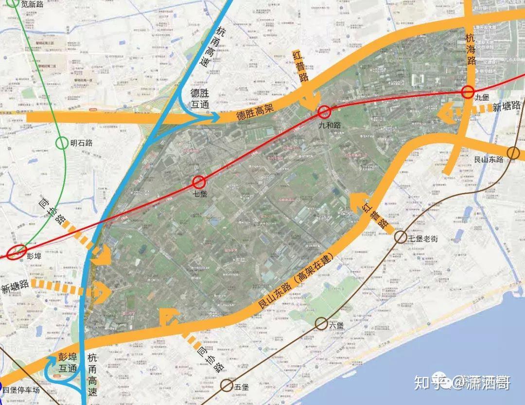 西侧为沪杭甬高速,北侧为德胜快速路,南侧为在建艮山东路高架,内有