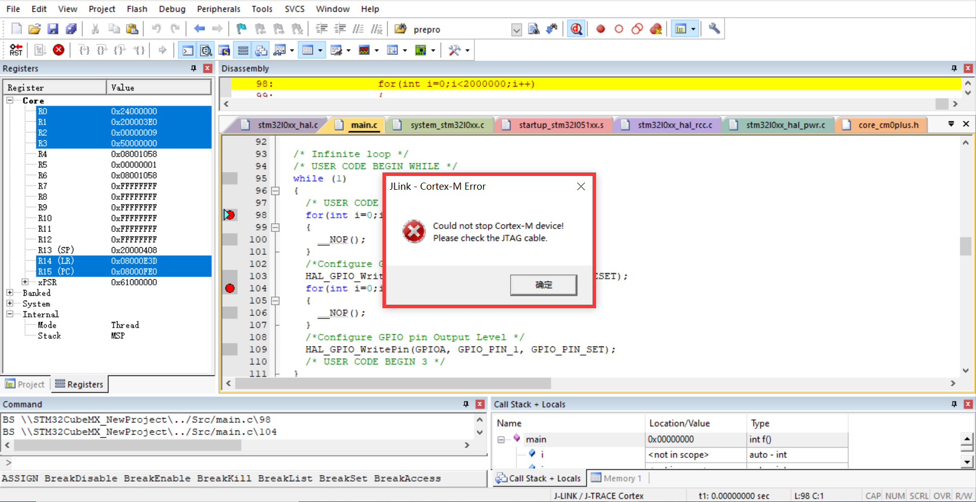 Stm32 jlink could not stop cortex m device 
