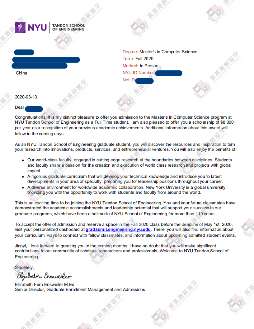 几何留学纽约大学计算机科学硕士录取一枚