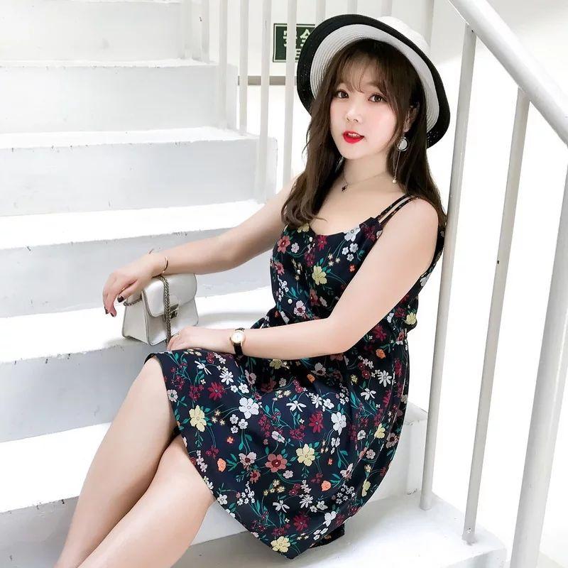 梵以加肥大码女装2018胖mm藏肉春夏装肥妹妹吊带露肩遮肚子连衣裙