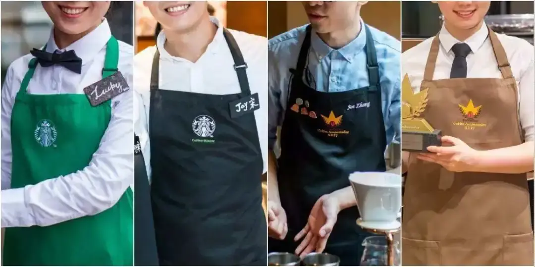 员工们随着技能的提升和比赛的胜出更换更高级别的咖啡师围裙,这种