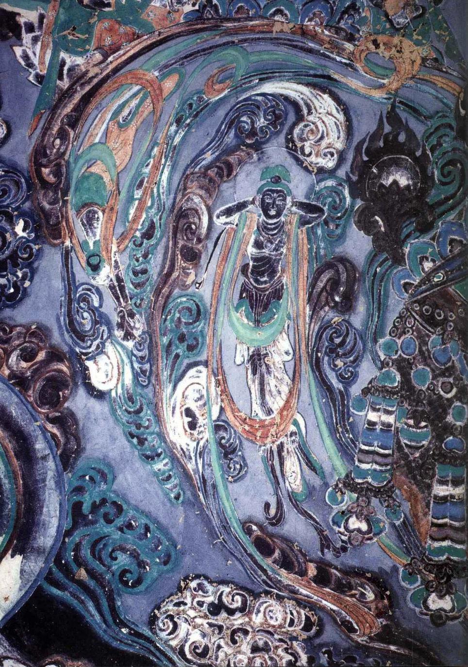 盛唐-敦煌172窟西壁龛顶-两身飞天(一俯冲,一捂耳)【964x1373】华盖