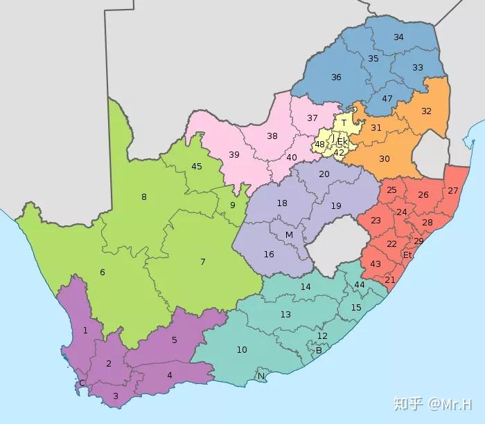① 南非各省和区域数量 — map of south africa with provinces
