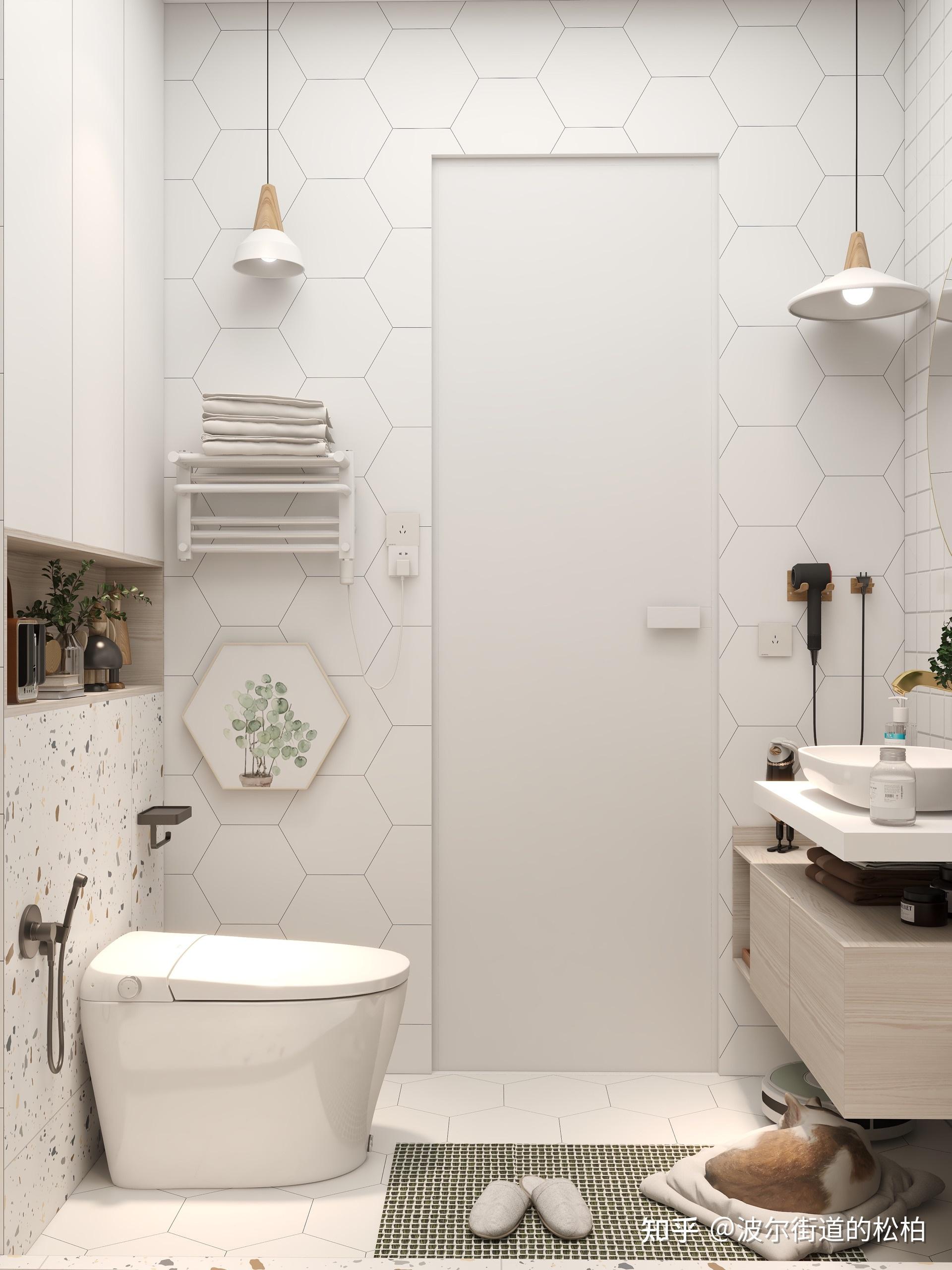 整个浴室走的ins清新风,在色系选择上我都选了浅色来中和水磨石砖.