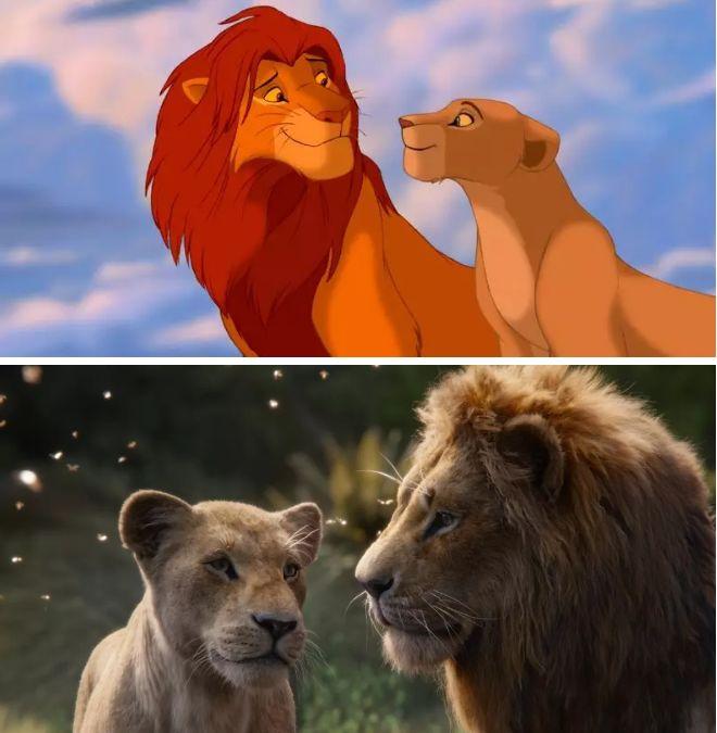 原版中,娜娜和辛巴相遇,两狮嬉戏林间,深情对视,配合上那首熟悉的"can