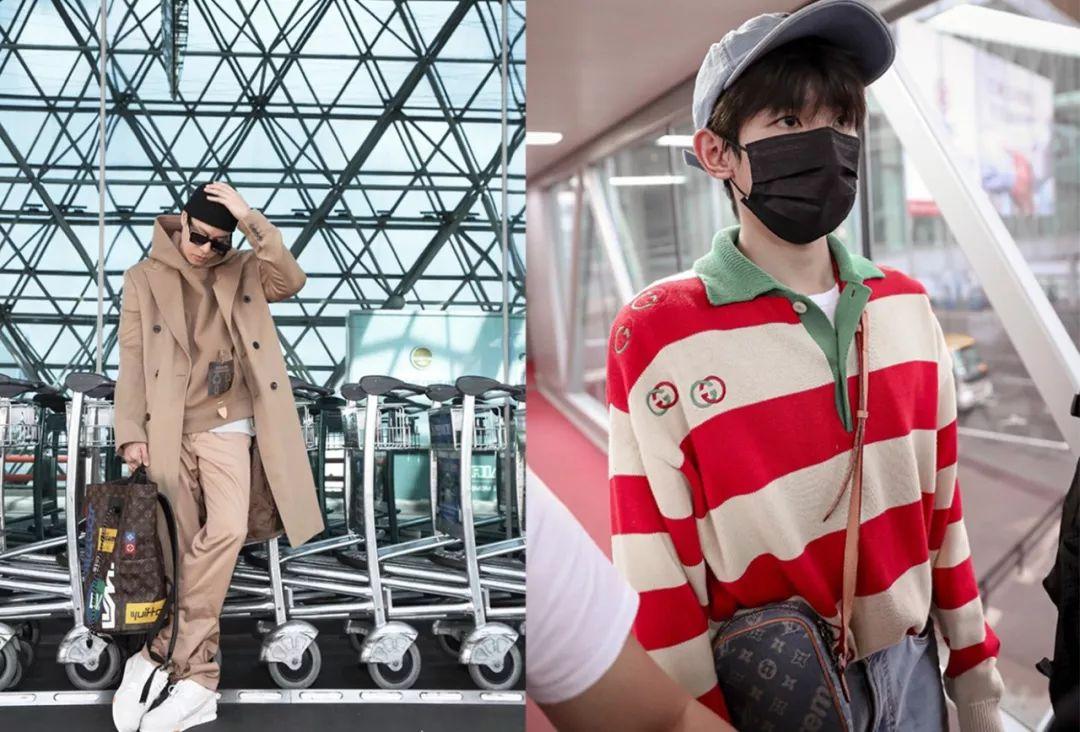 也会选择lv的印花双肩包出游,王源的lv x supreme合作款的牛仔包就