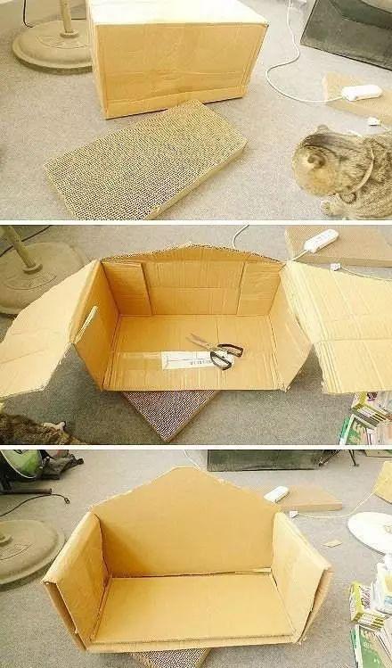 不要的纸箱废物利用diy制作可爱猫窝的方法