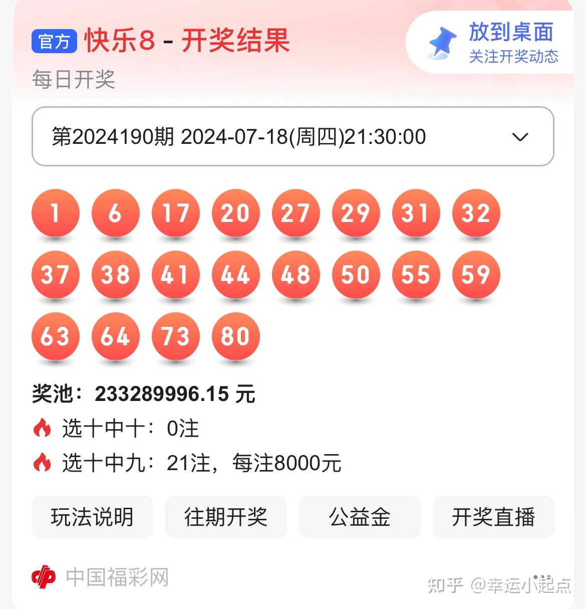 福彩快乐8第20240191期(预)