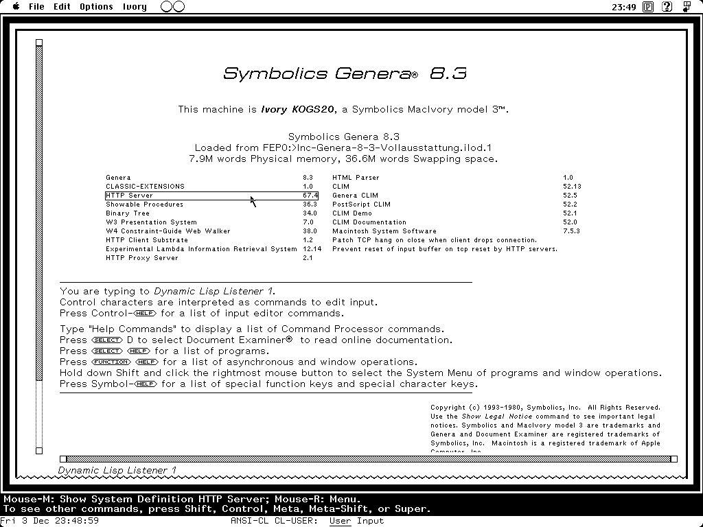 对，这是 Lisp Machine。至于为什麼图中会有 Mac OS 的 status bar ，是因為當時 Macintosh 非常流行以至于 Symbolics 公司把 Lisp Machine 的 CPU 做成 Macintosh 的主板插片卖 -- @LdBeth