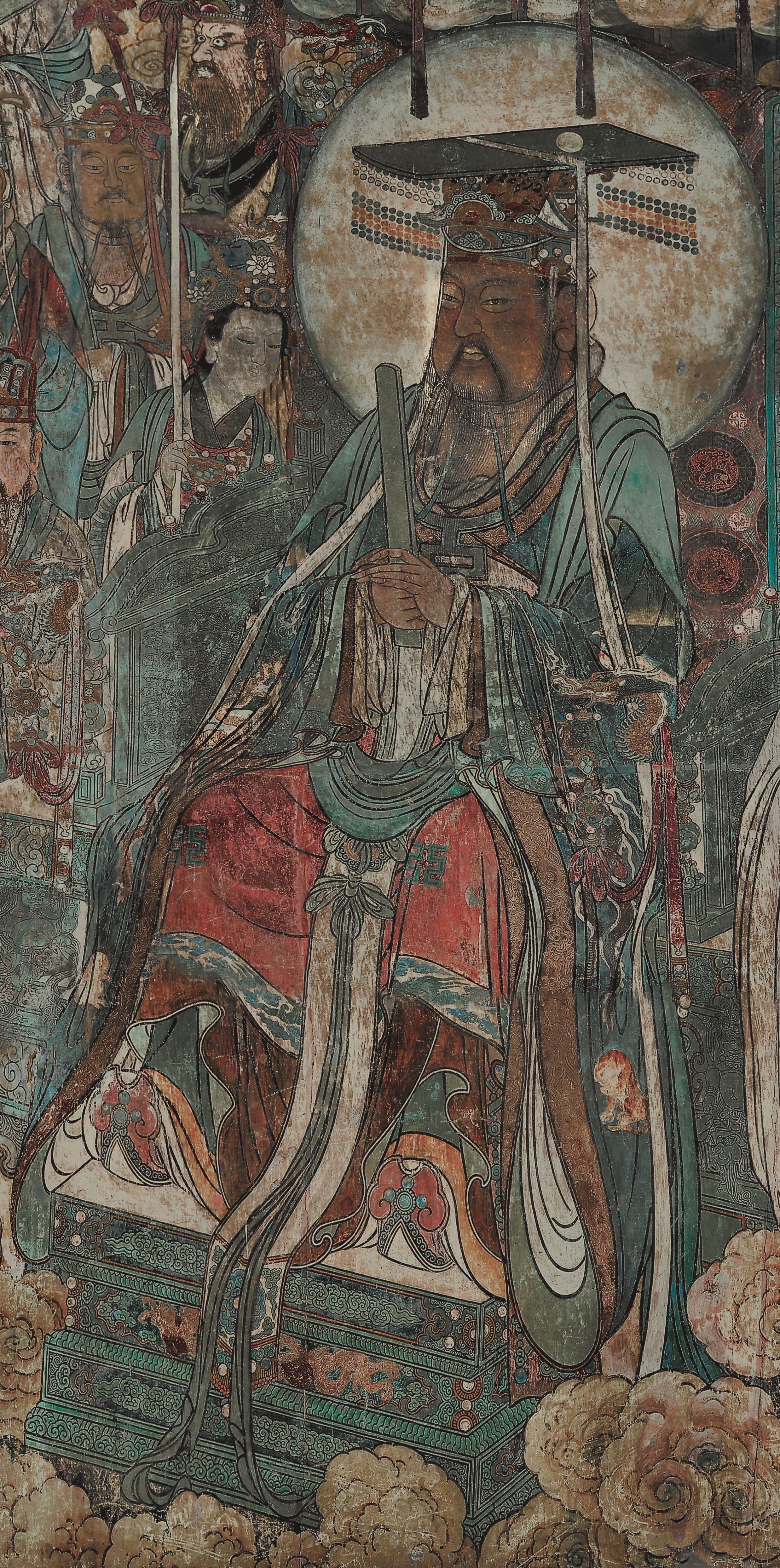 山西永乐宫三清殿-元代壁画《朝元图》:290位神仙,浩荡朝拜道祖,满壁风生星起(2)玉皇大帝【高清超大图】 - 知乎