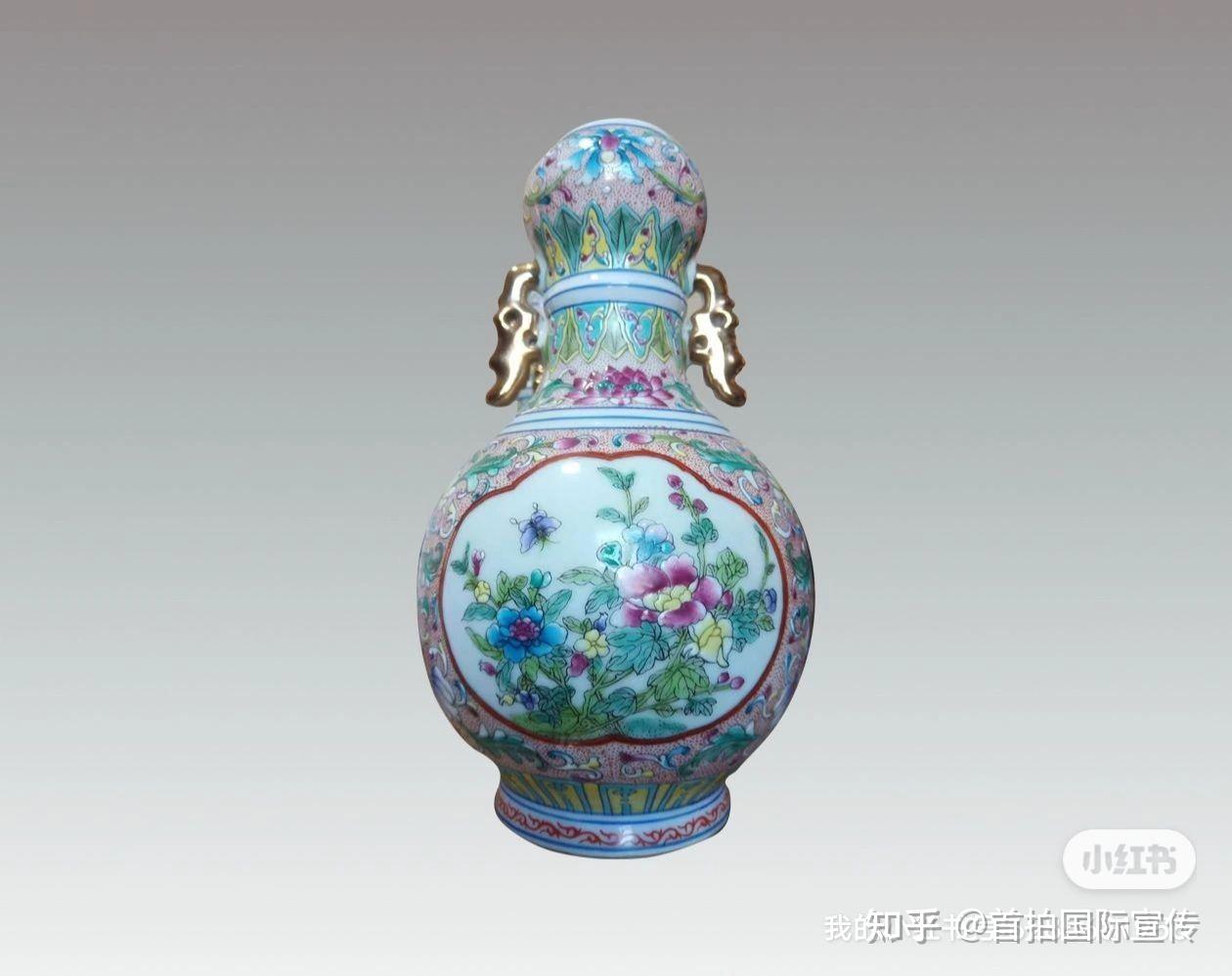 館蔵 陶磁器 清 乾隆銘 琺瑯彩 花卉紋 如意耳 蒜頭瓶 清乾隆