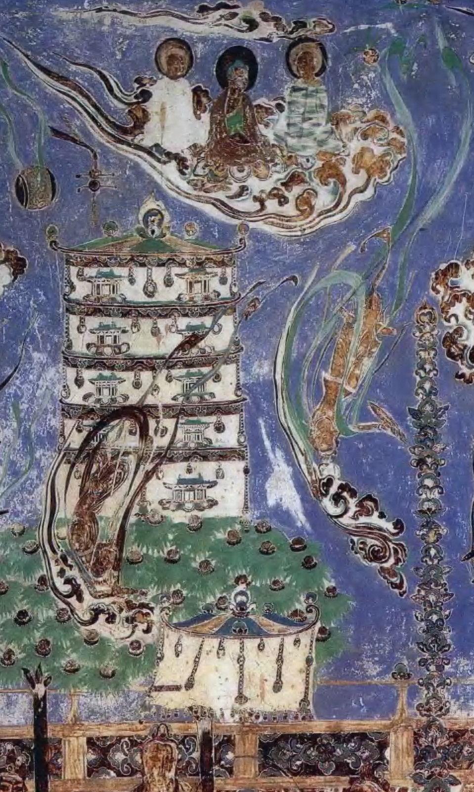 神游千年大美敦煌初唐321窟北壁阿弥陀经变满空飞天多姿不鼓自鸣乐器