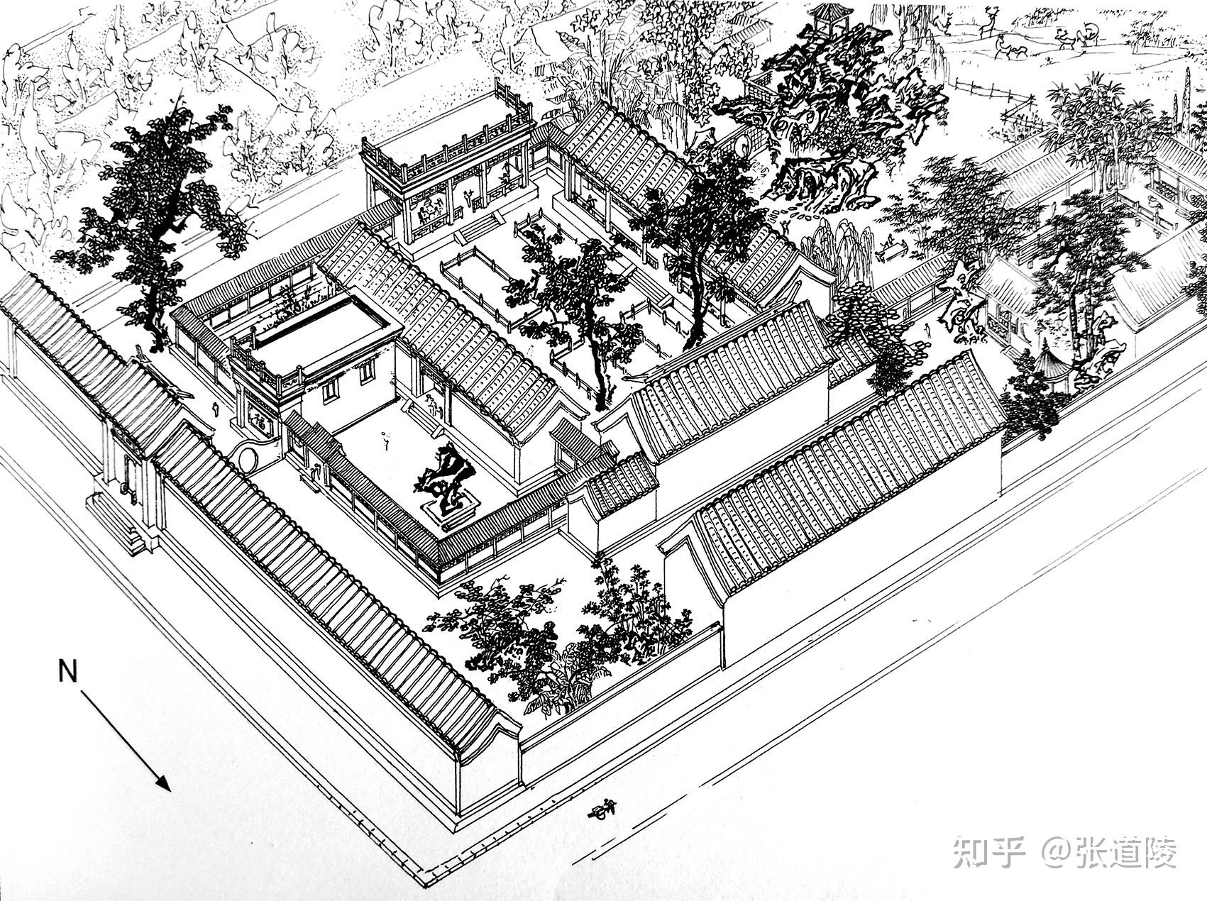 四合院正面图素描图片