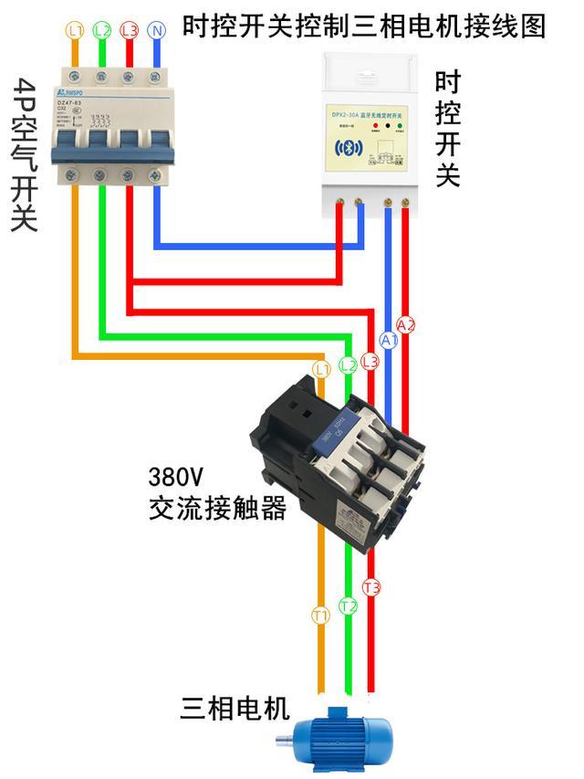 时控开关控制三相电机的具体接线方式,注意市场上交流接触器有220v和