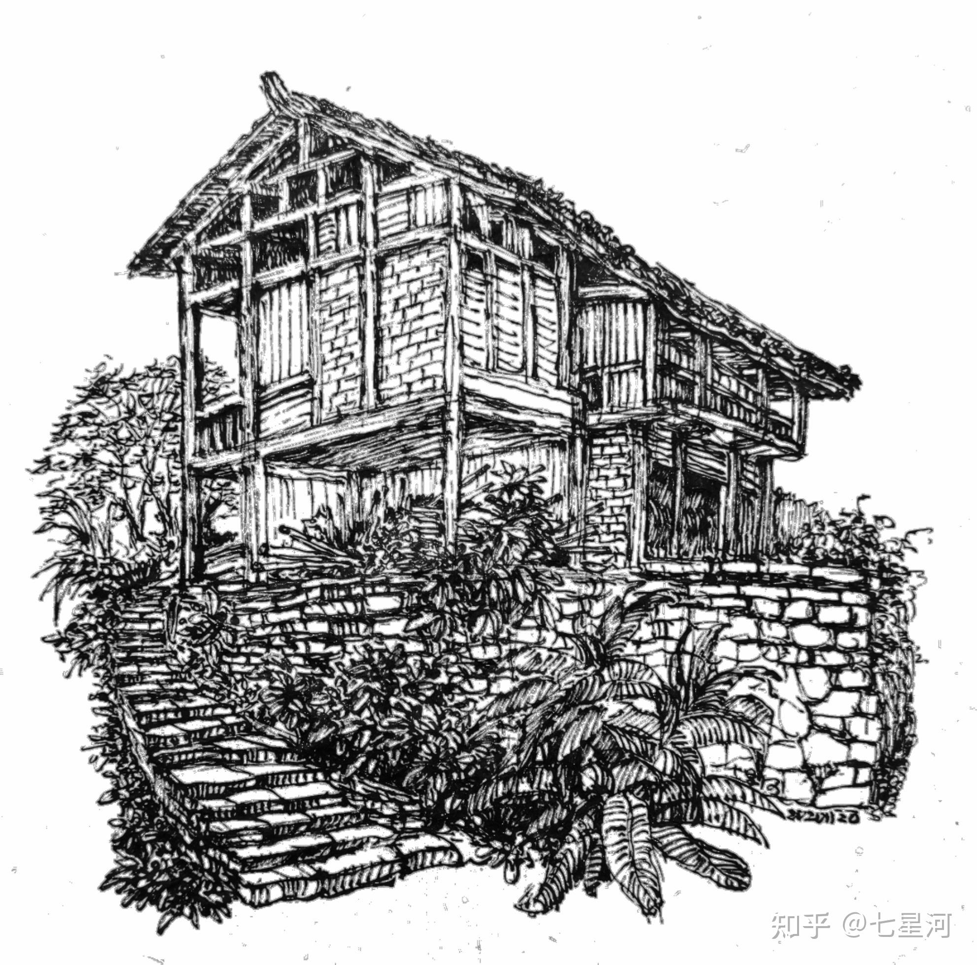 七星河钢笔画练习22「行走悦读」湘西建筑