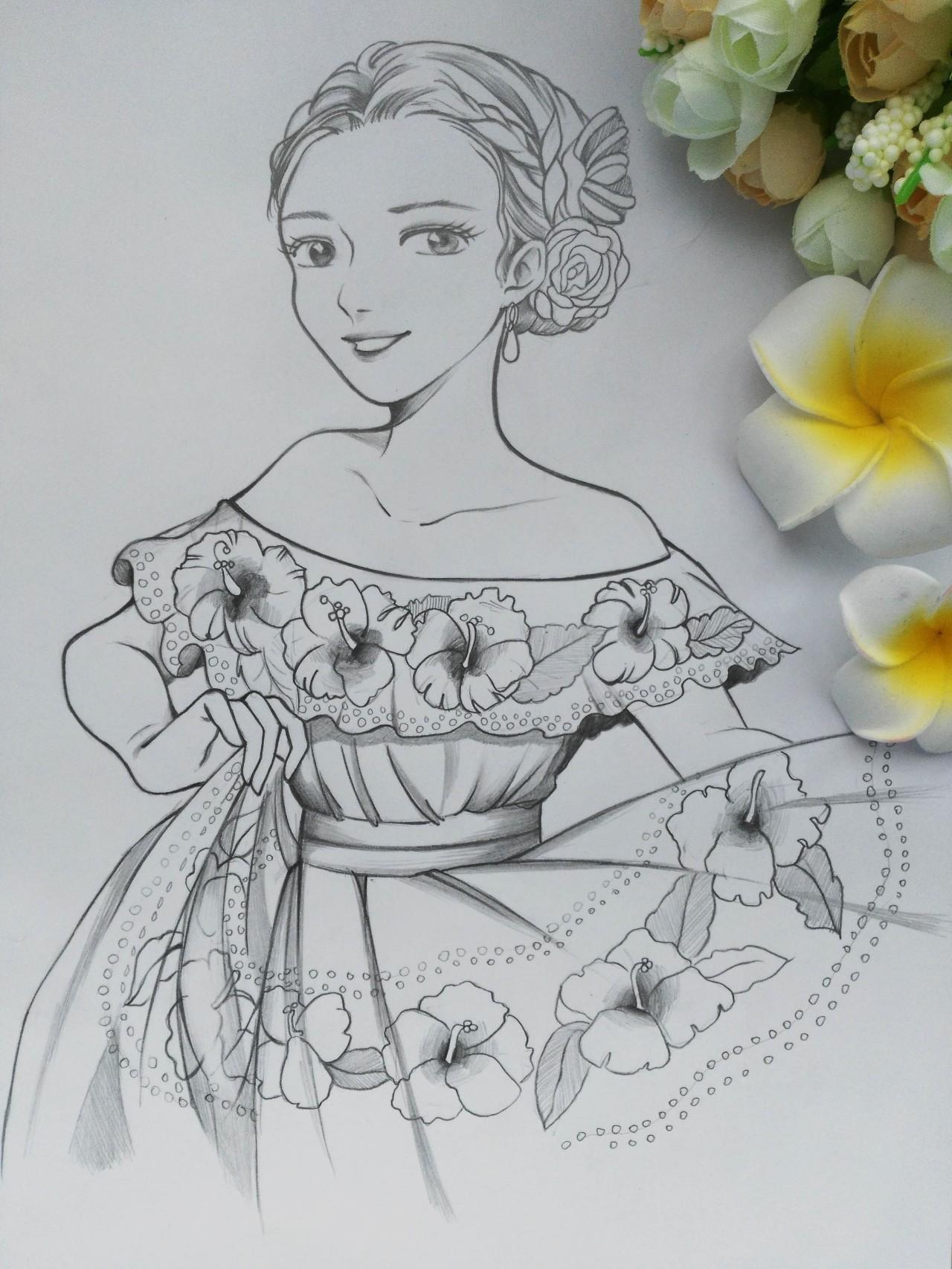 一张画的三种上色方法提着裙子的小姐姐