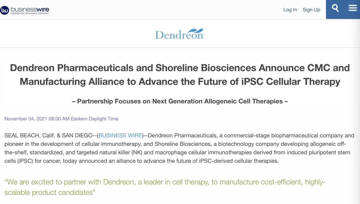 医药巨头美国丹瑞与Shoreline达成联盟，加速细胞疗法未来应用