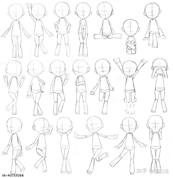 再看一下板绘的q版人体比例姿势草稿图:(q版人体比例及姿势手绘图)