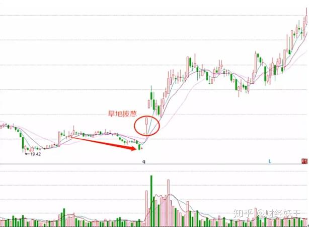 旱地拔葱形态,由图可知,股票处于下跌末期,成交量低迷,日k线多以小