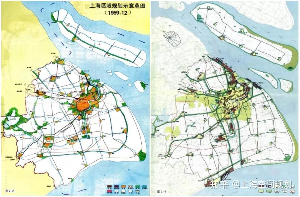 左图 1959 年上海市城市总体规划卫星城镇布局图,右图为 1982 年上海