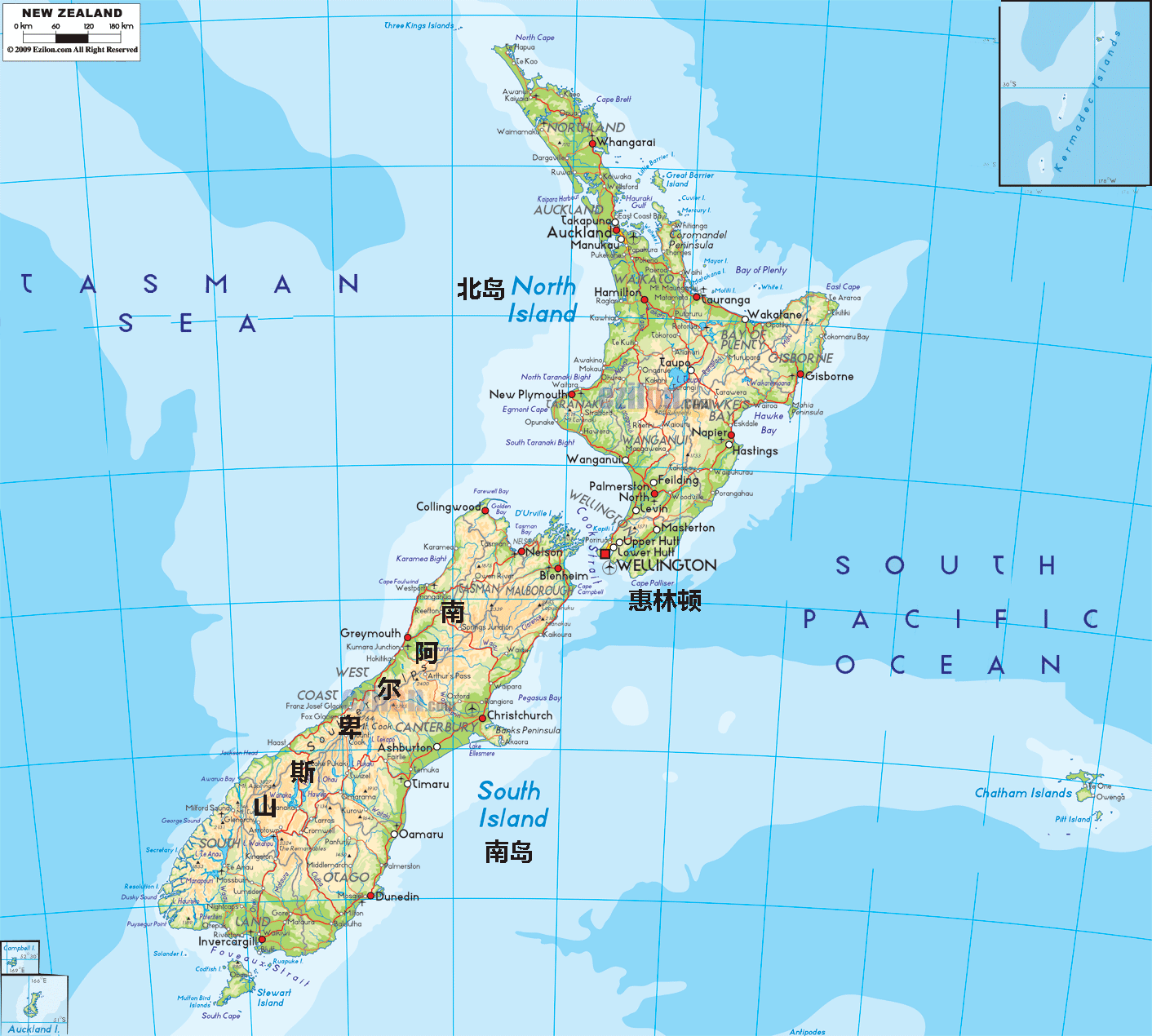 新西兰地图英文版 - 新西兰地图 - 地理教师网