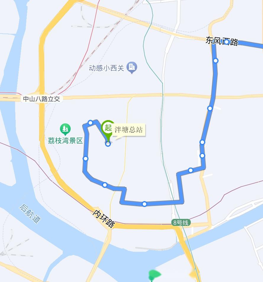 但是广州2路公交上行路线图和下行路线图略有不同,尤其是东风西路站到