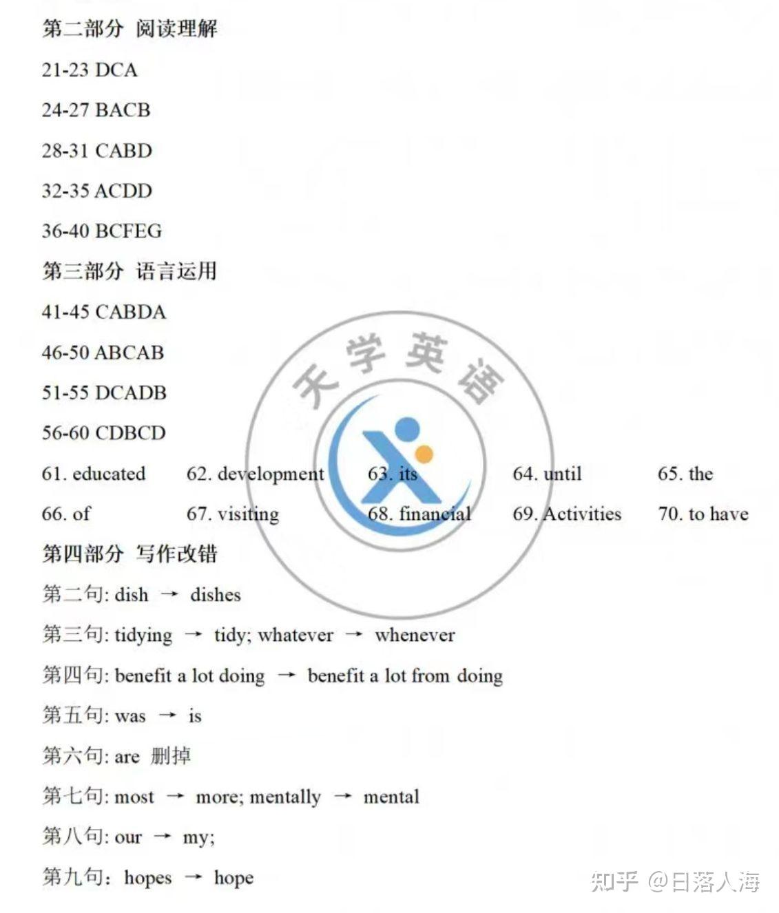 2021年高考全国乙卷英语参考答案汇总