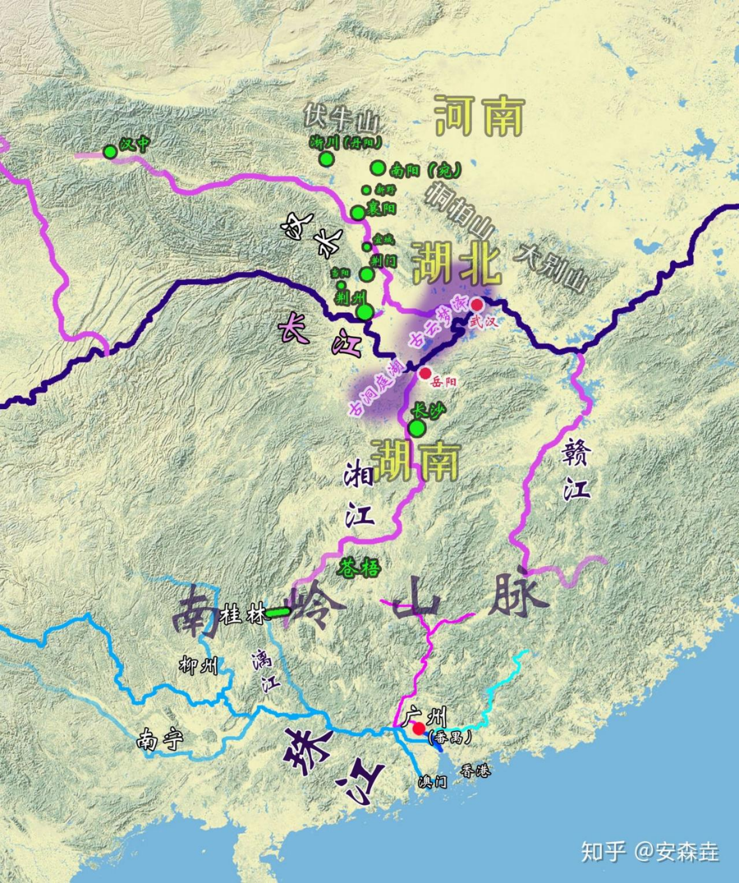 图 24：从长江—湘江—漓江—珠江一带的「水运动脉」的构建，秦始皇最终征服广东广西示意图