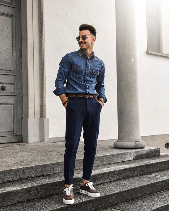 西裤 运动鞋 衬衫的造型优雅文艺.