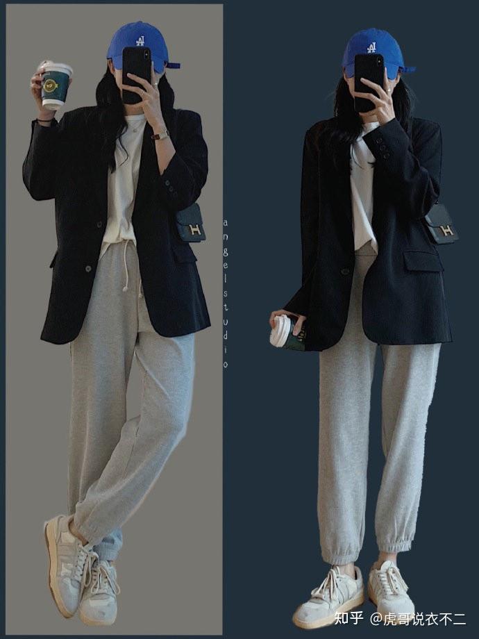西装外套和运动裤都是日常出街搭配中非常常见的单品,西装外套在款式