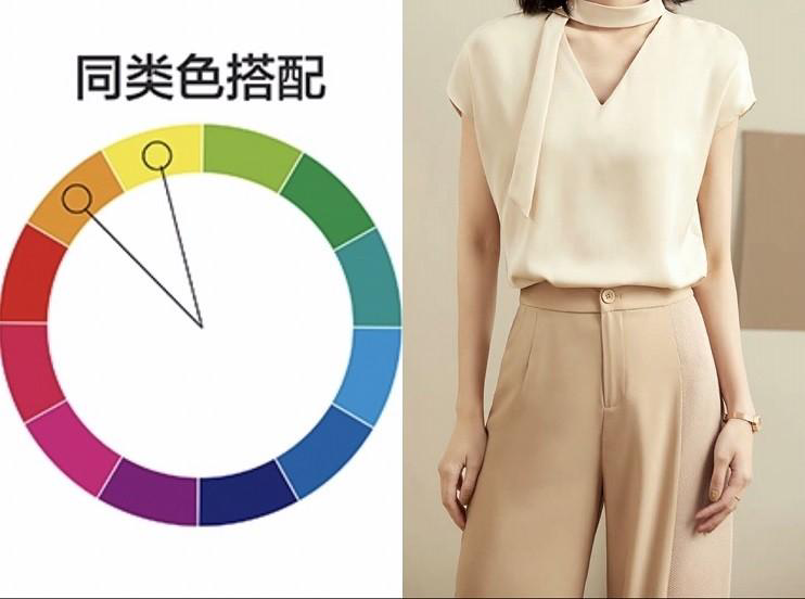 服装的配色方法比较常用的有同类色搭配,类比,对比色搭配,首先是同类