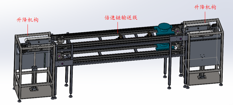 上圖是一個雙層倍速鏈輸送線,兩端為治具盤升降機構,這樣,治具盤就