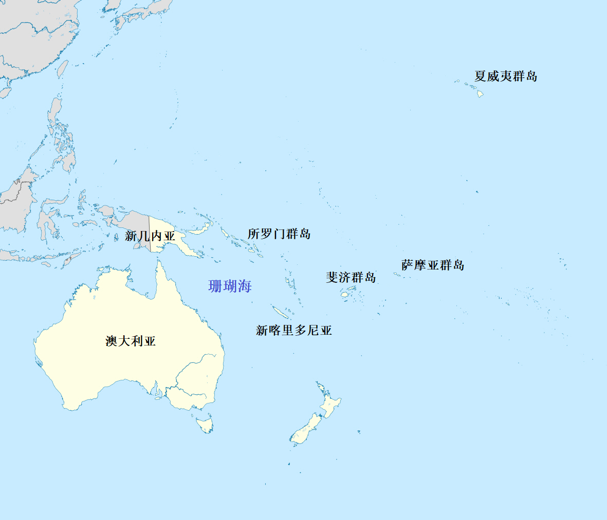 日军将沿着新几内亚,所罗门群岛,新喀里多尼亚,斐济群岛,萨摩亚群岛