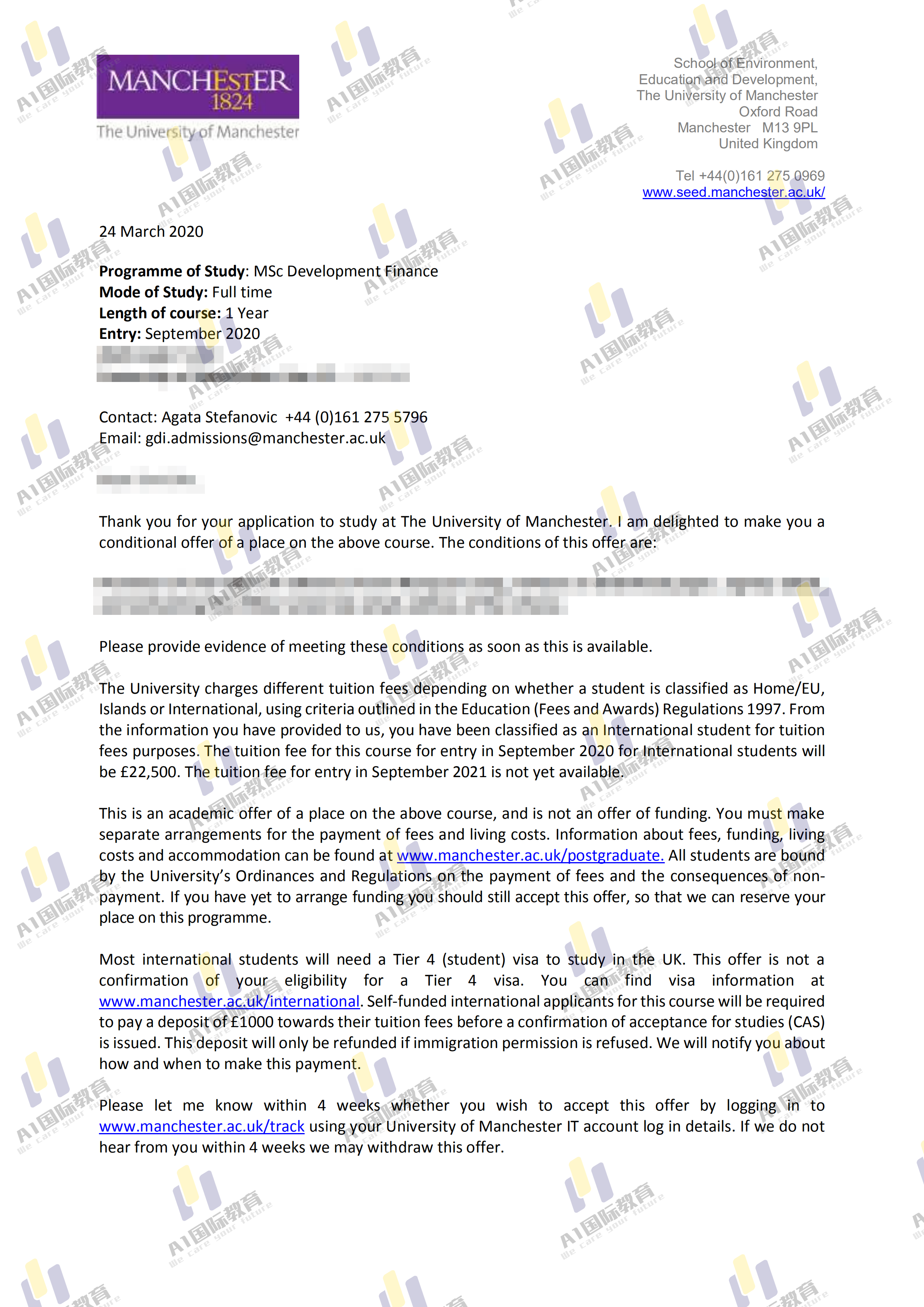 曼彻斯特大学发展金融理学硕士研究生offer一枚