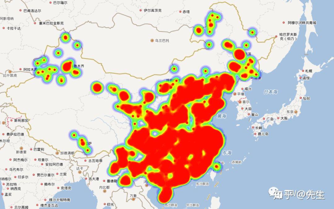 我们来看一下由经纬度和销量而生成的景点人气热力图可以看到有景区的