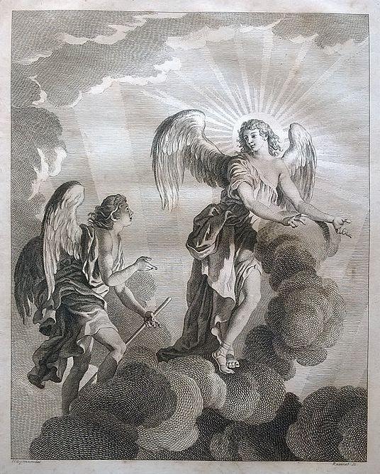 弥尔顿的失乐园铜版画《撒旦幻化成天使得到尤烈尔的指引》1749年
