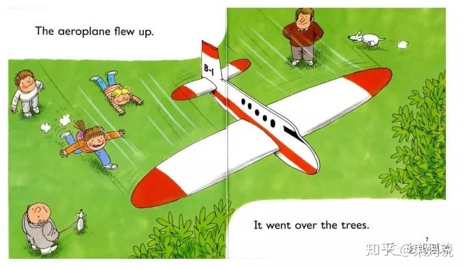 the aeroplane flew up.it went over the trees.飞机飞起来了.