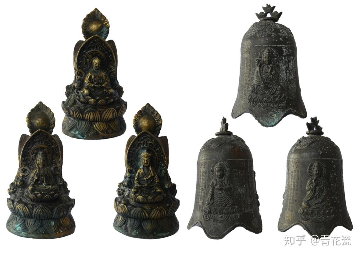 清代佛教西方三圣平安钟:真品.顶部以三个铜元宝为挂钮.