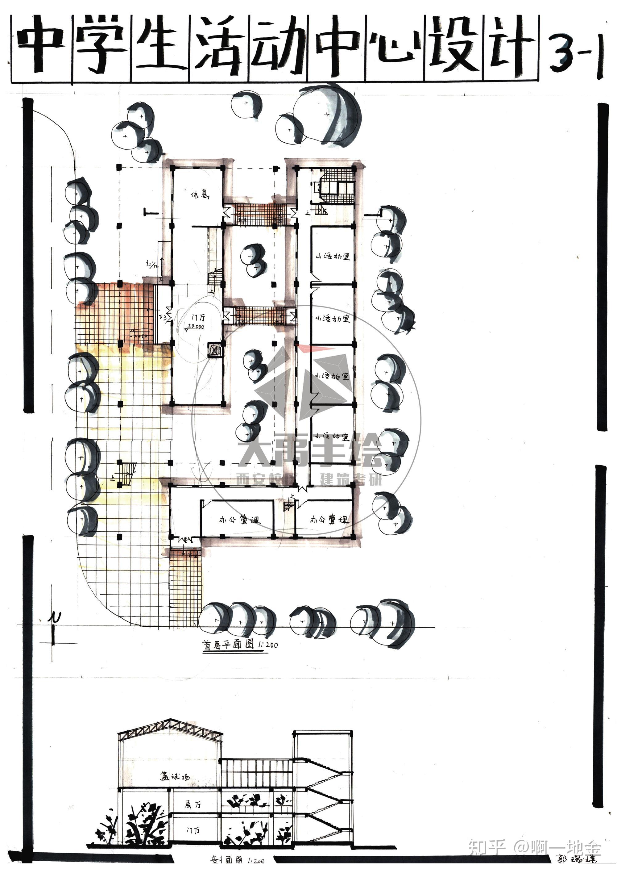 今日分享一活动中心设计大禹手绘2020寒假班建筑快题作品欣赏