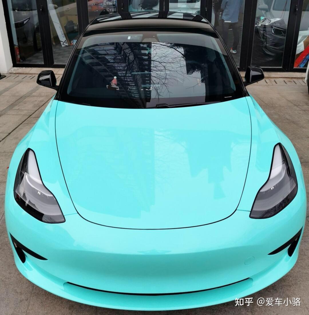 杭州汽车改色贴膜特斯拉model3漆面蒂芙尼蓝悬浮顶改色效果