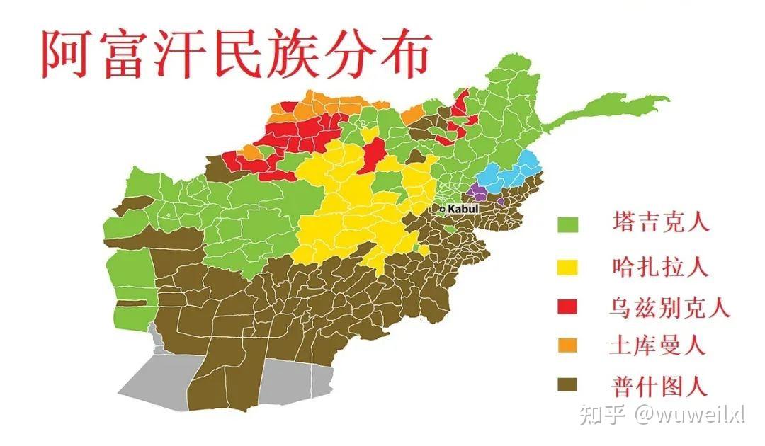 塔吉克族占27%,乌兹别克族占9%,哈扎拉人占9%,土库曼族占3%