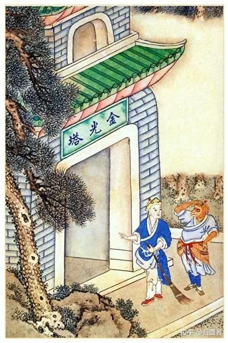 为了解救众僧的苦难,唐僧决定先去扫塔,和悟空各拿了一把笤帚,登塔扫